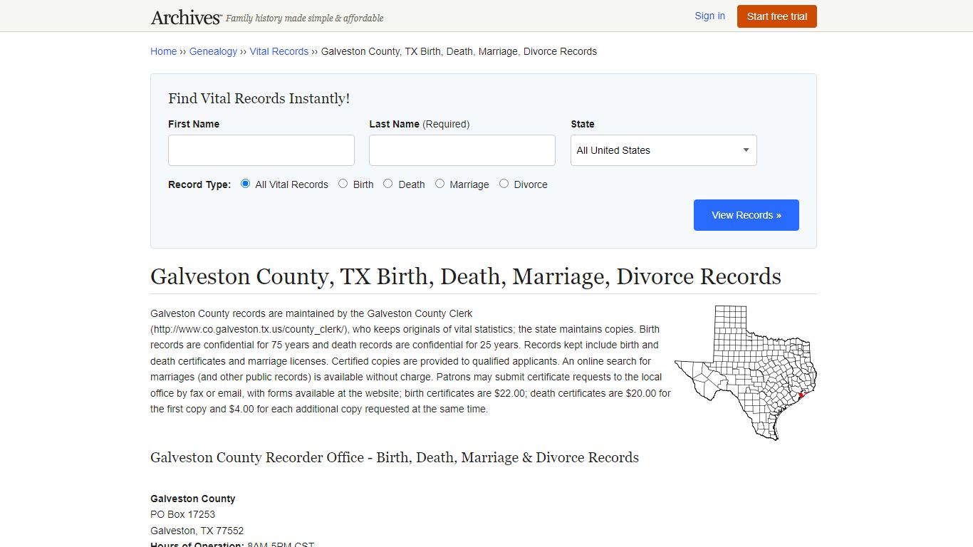 Galveston County, TX Birth, Death, Marriage, Divorce Records