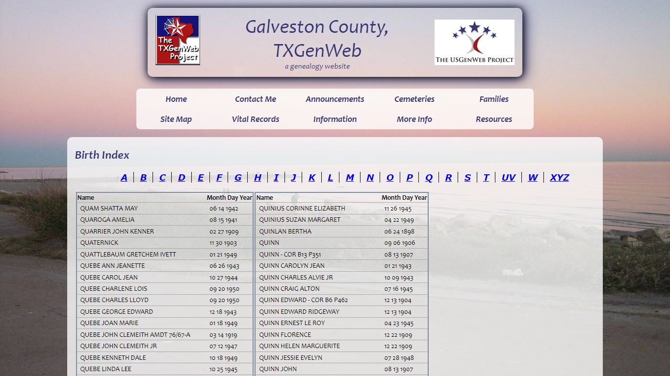 Birth Index Q, Galveston County, TXGenWeb